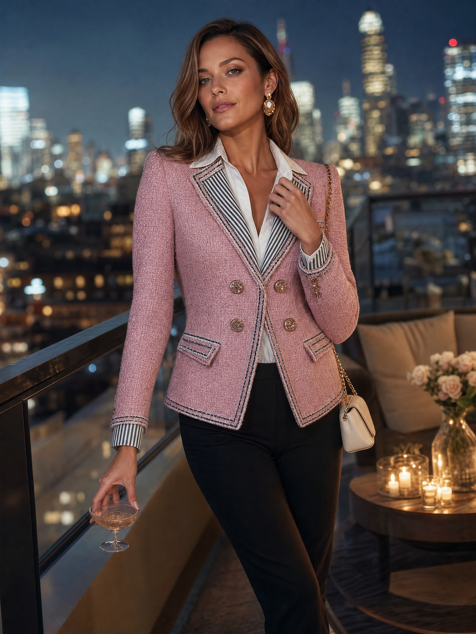 Elegant Vintage Striped Lapel Double-Breasted Pink Tweed Blazer Jacket