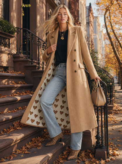Classic Retro Lapel Collar Lining With Heart Pattern Camel Tweed Coat