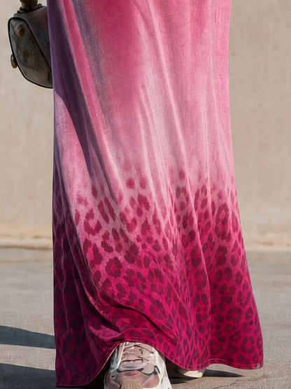 Retro Elegant Pink Gradient Leopard Print Velvet Maxi Dress