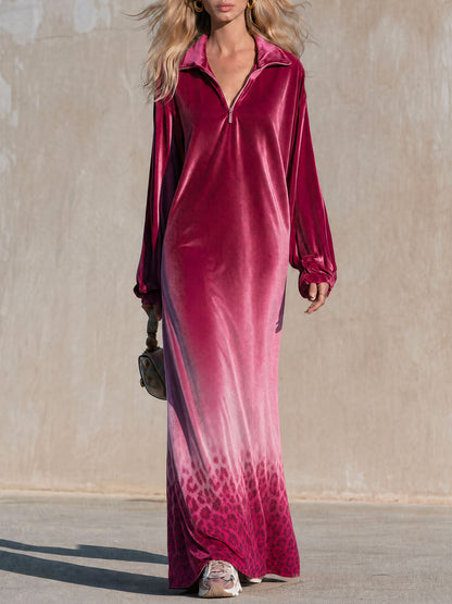 Retro Elegant Pink Gradient Leopard Print Velvet Maxi Dress
