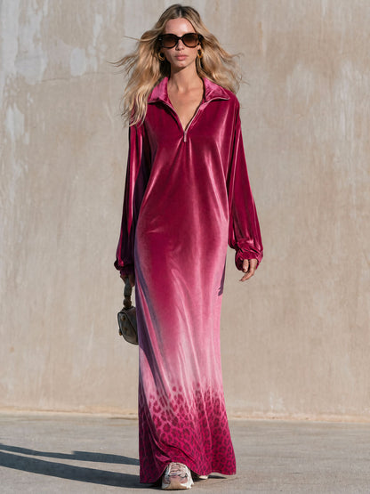 Retro Elegant Pink Gradient Leopard Print Velvet Maxi Dress