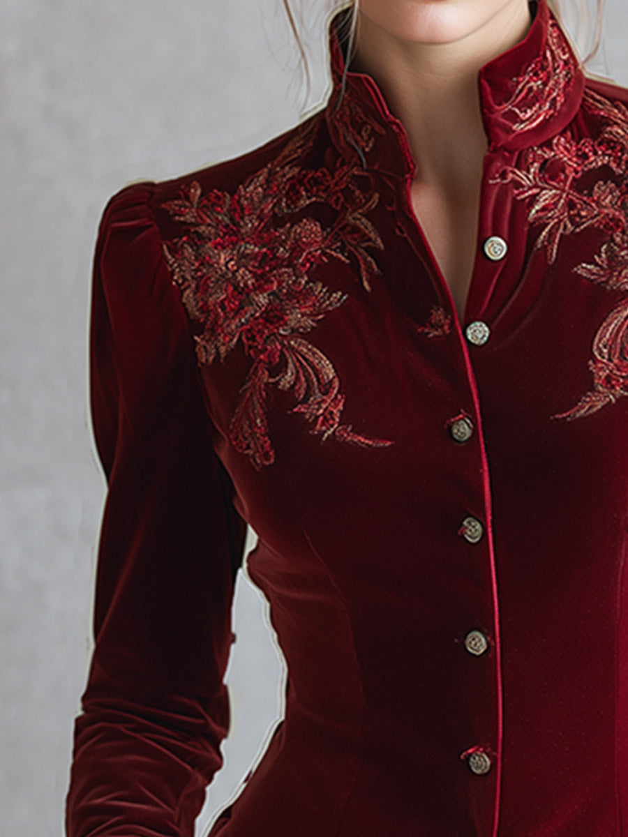 Vintage-style Embroidered Red Velvet Single-breasted Shirt