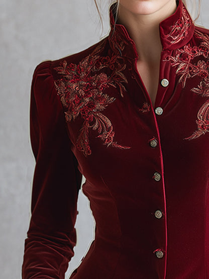 Vintage-style Embroidered Red Velvet Single-breasted Shirt
