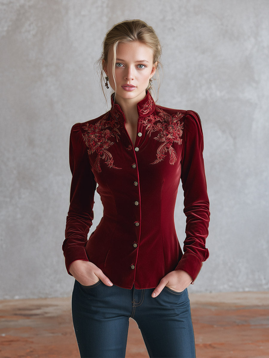 Vintage-style Embroidered Red Velvet Single-breasted Shirt