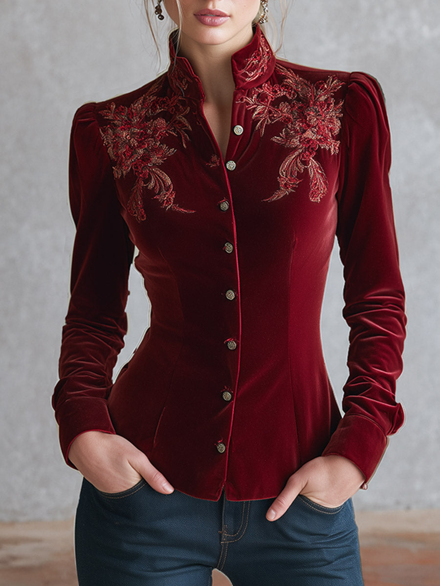 Vintage-style Embroidered Red Velvet Single-breasted Shirt