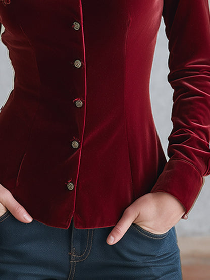 Vintage-style Embroidered Red Velvet Single-breasted Shirt