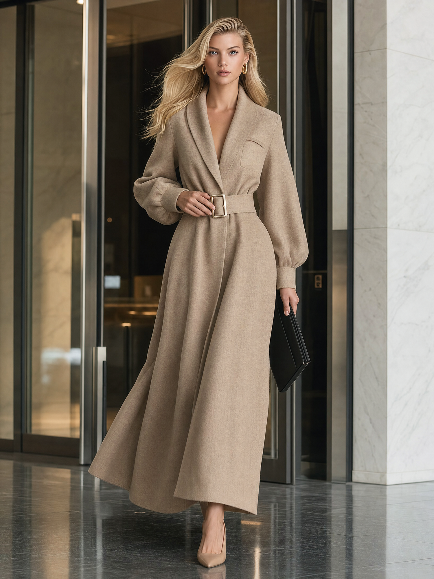 Elegant Classic Camel Shawl-Collar Deep-V Belted Balloon-Sleeve Fit-And-Flare Maxi Coat