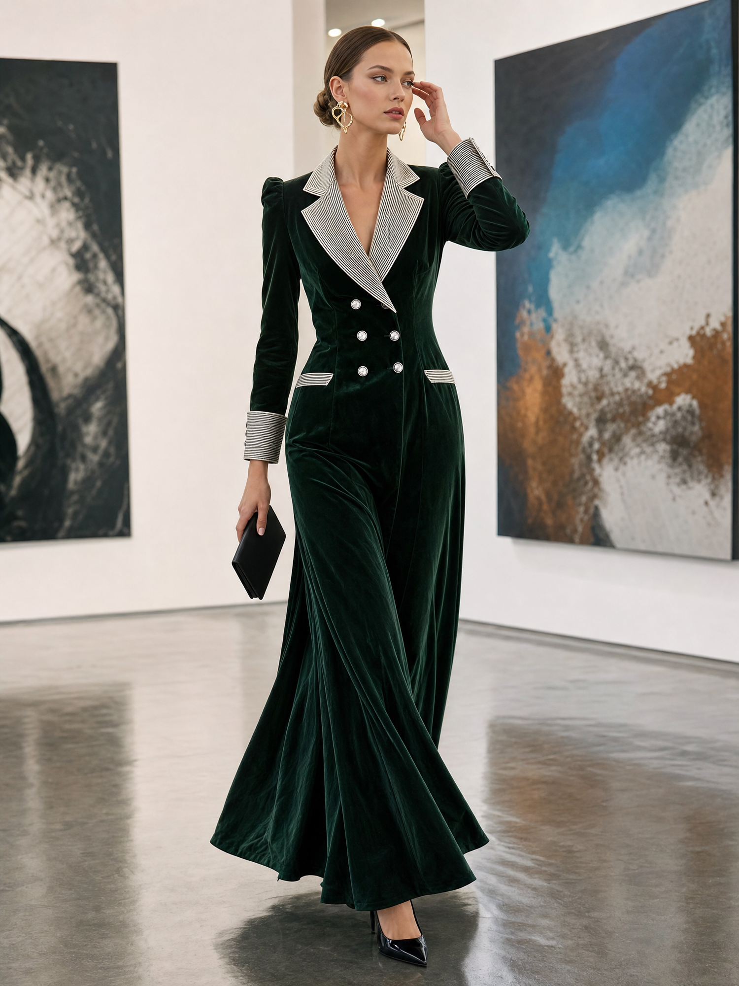 Elegant Retro Striped Lapel Double-breasted Dark Green Velvet Maxi Dress