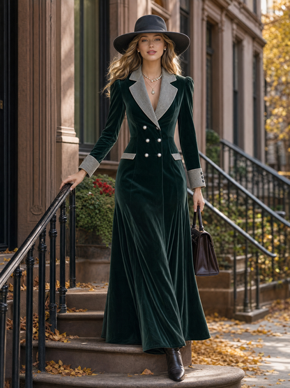 Elegant Retro Striped Lapel Double-breasted Dark Green Velvet Maxi Dress