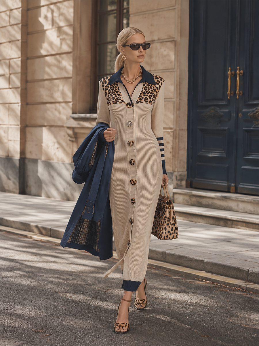 Elegant Oatmeal Leopard-Striped Ribbed Knit Collared Single-Breasted Maxi Dress