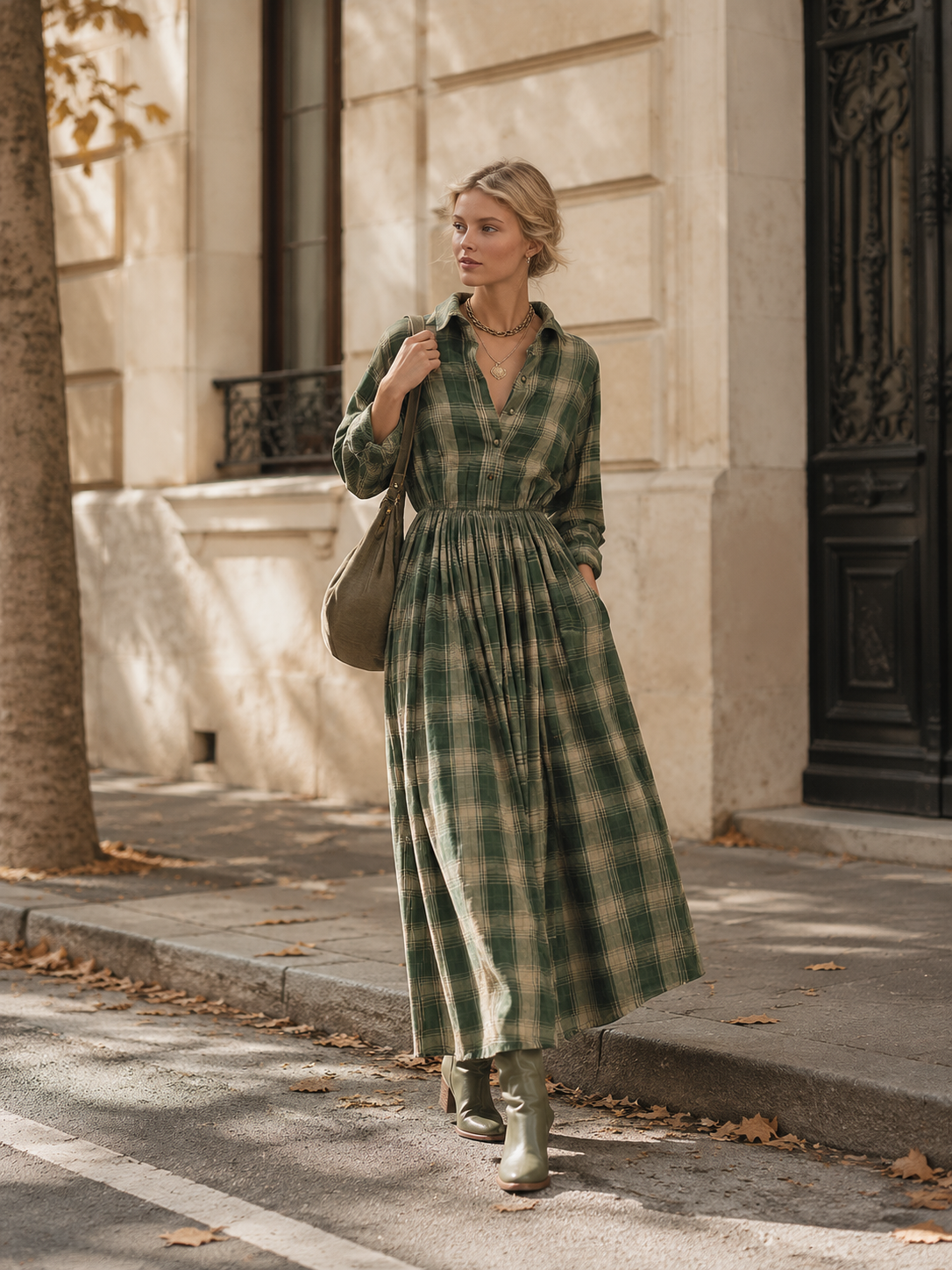 Vintage-style Green Plaid Print Matte Velvet Maxi Dress