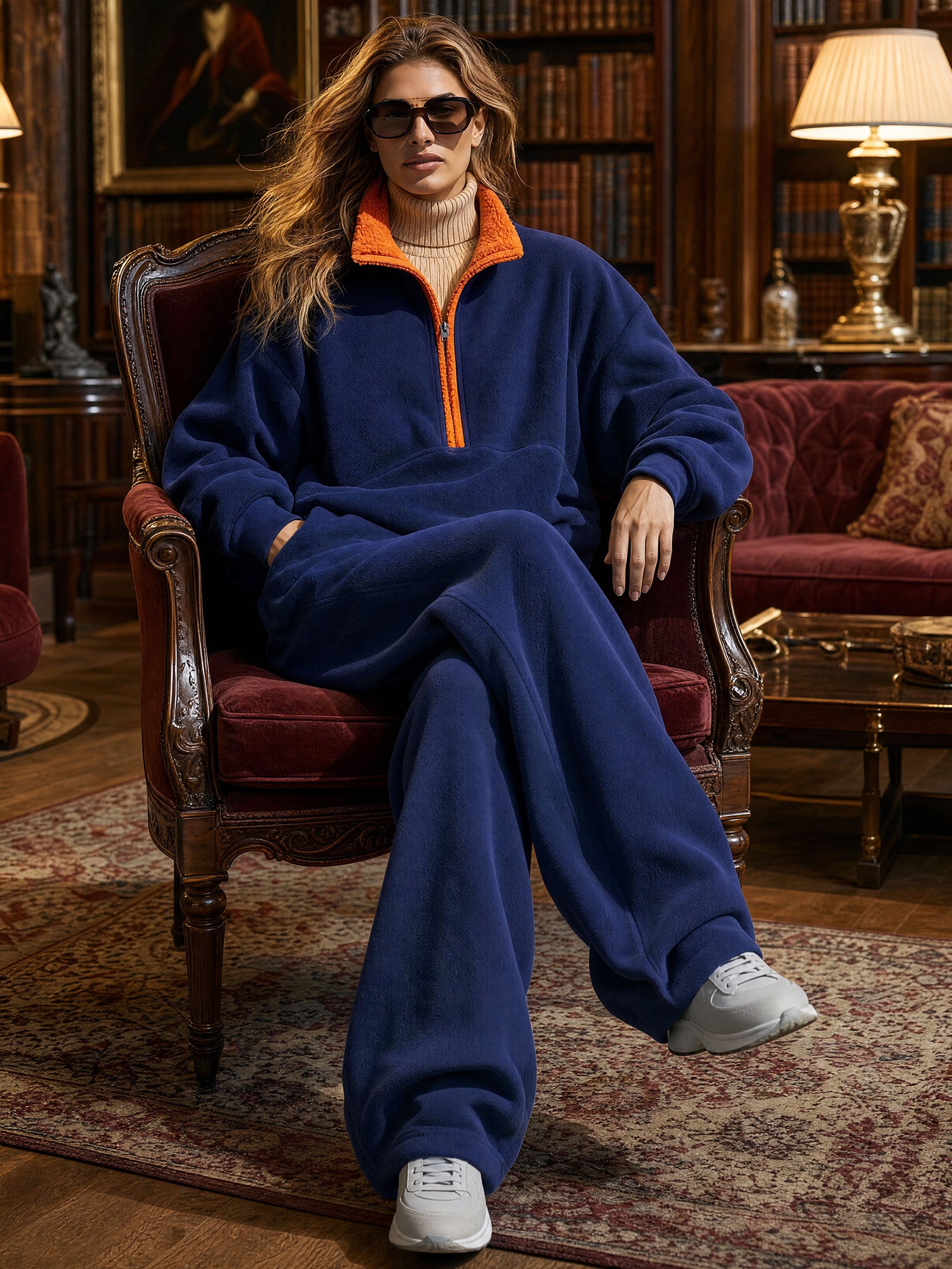 Casual Sports Color-blocked Half-zip Navy Blue Fleece Pullover Sweater And Pants Set