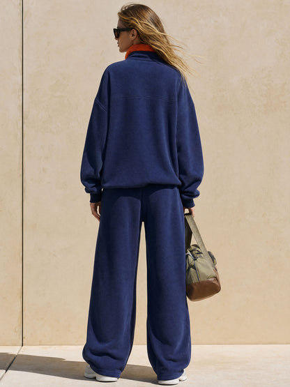 Casual Sports Color-blocked Half-zip Navy Blue Fleece Pullover Sweater And Pants Set