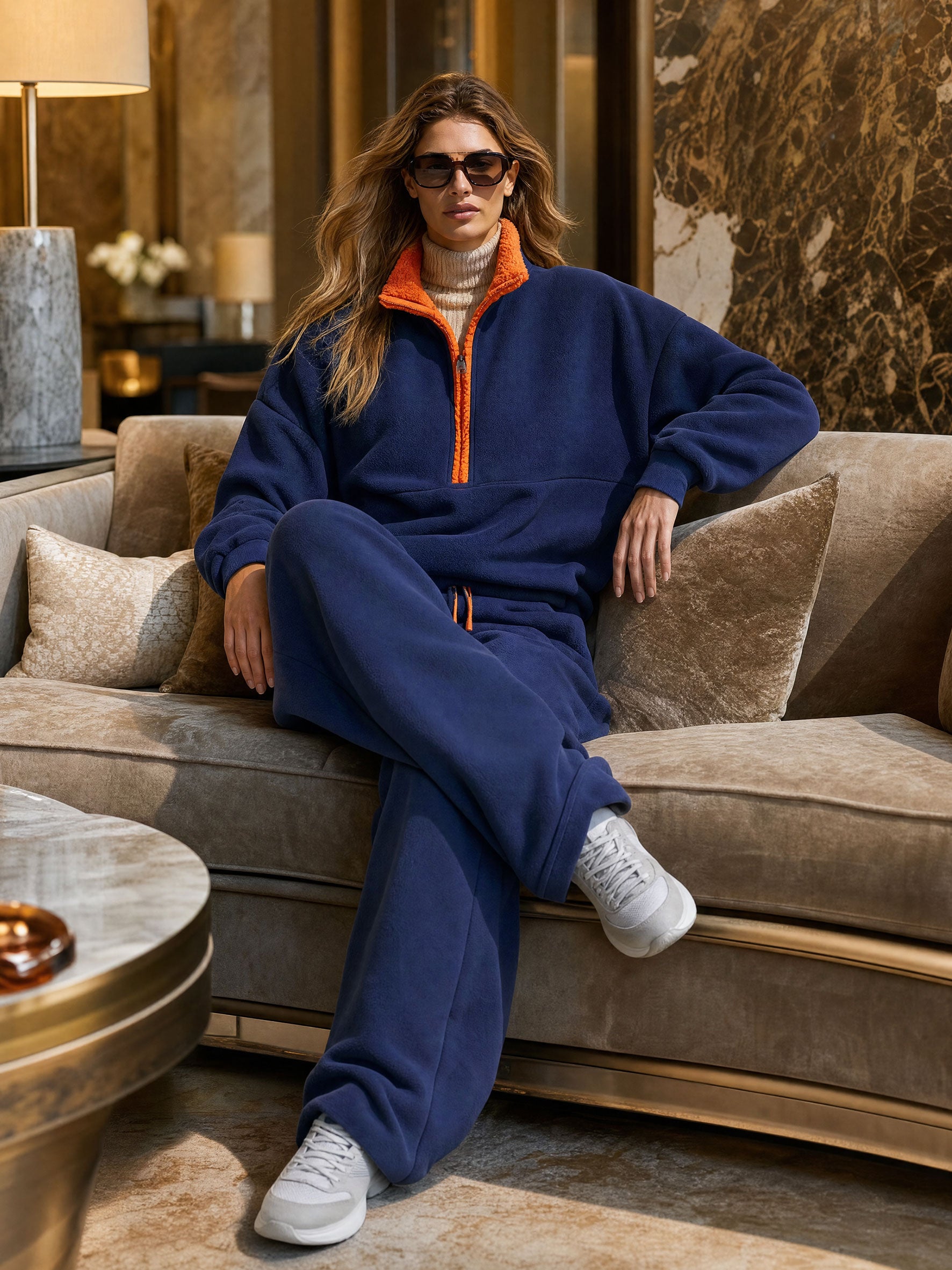 Casual Sports Color-blocked Half-zip Navy Blue Fleece Pullover Sweater And Pants Set