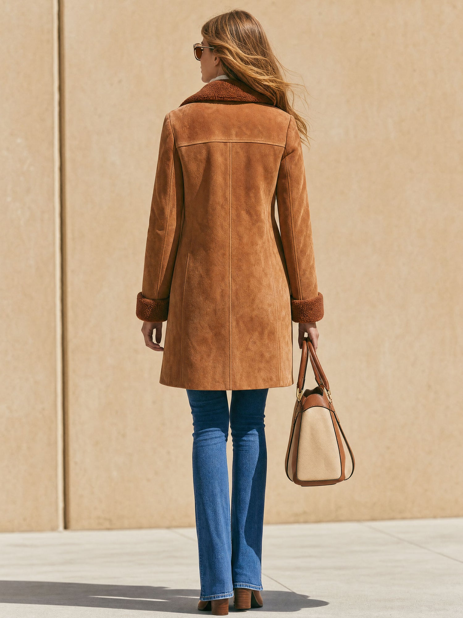 Casual Retro Fleece-lined Camel-colored Faux Suede Mid-length Coat