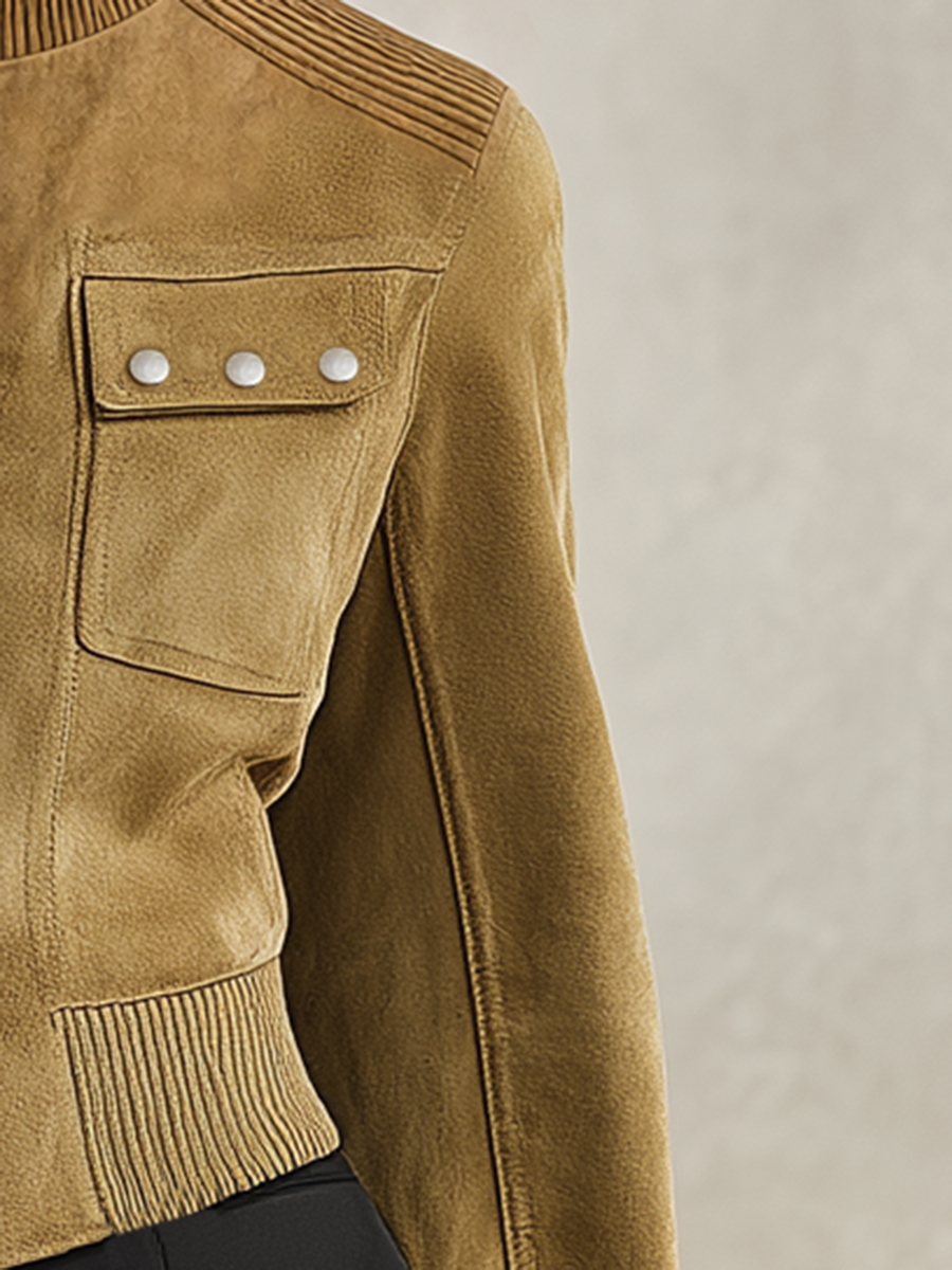 Olive Green Faux Suede Jacket With A Retro Casual And Elegant Style