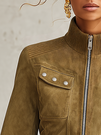 Olive Green Faux Suede Jacket With A Retro Casual And Elegant Style