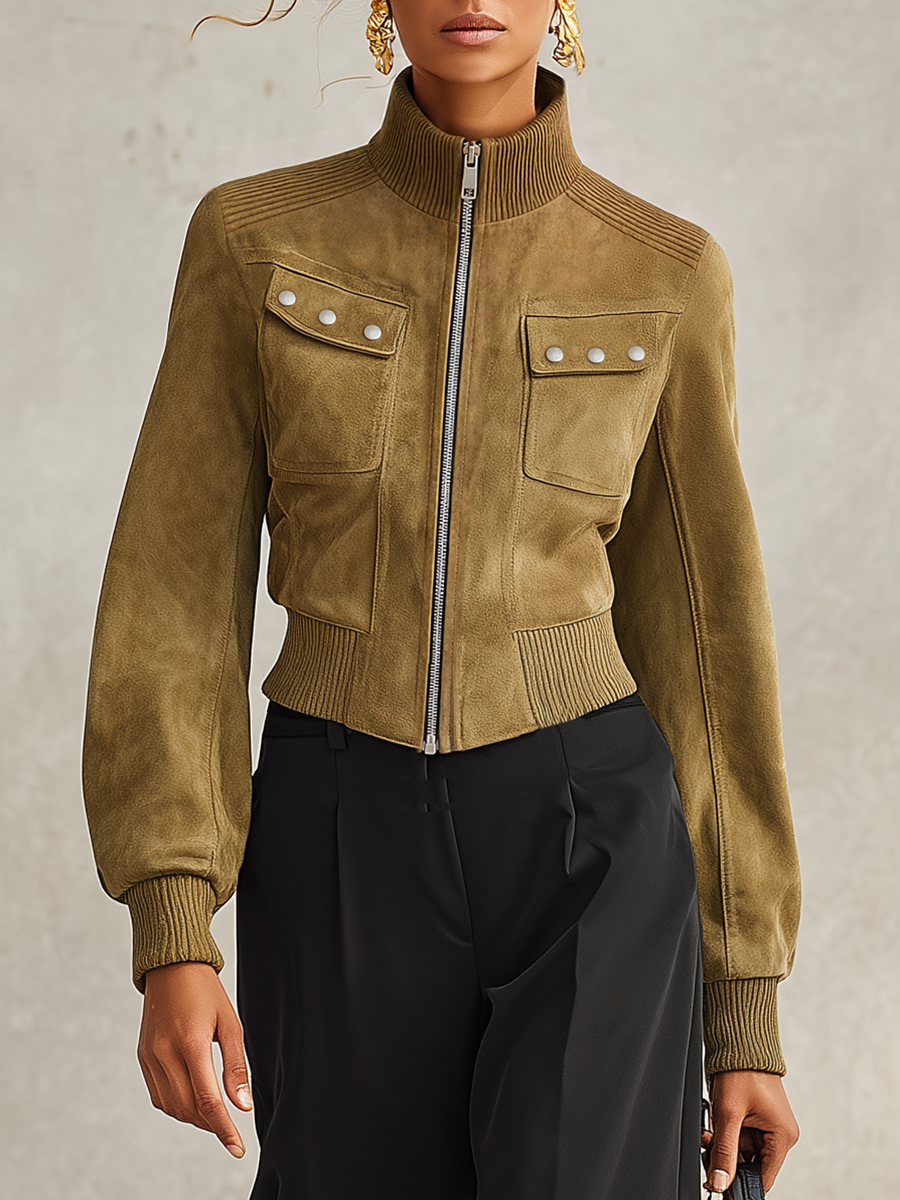 Olive Green Faux Suede Jacket With A Retro Casual And Elegant Style