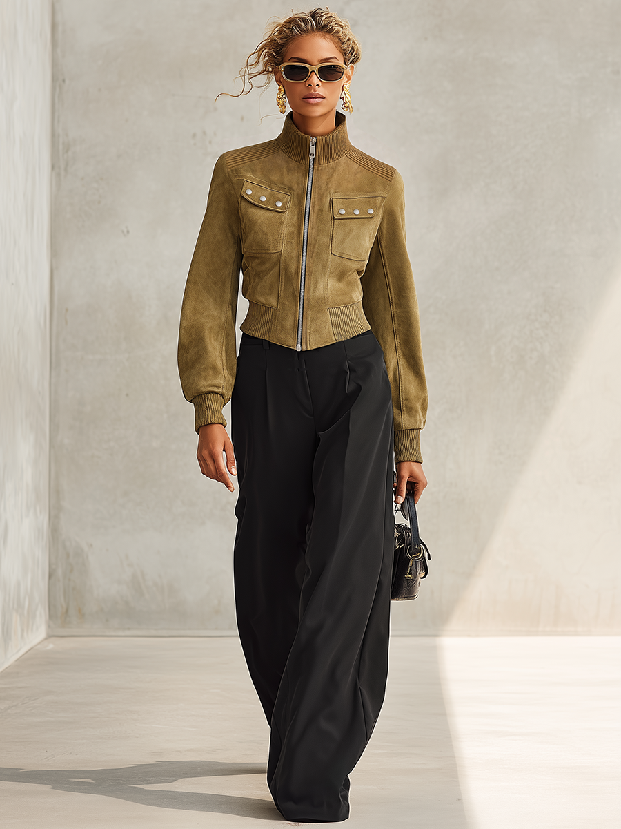 Olive Green Faux Suede Jacket With A Retro Casual And Elegant Style