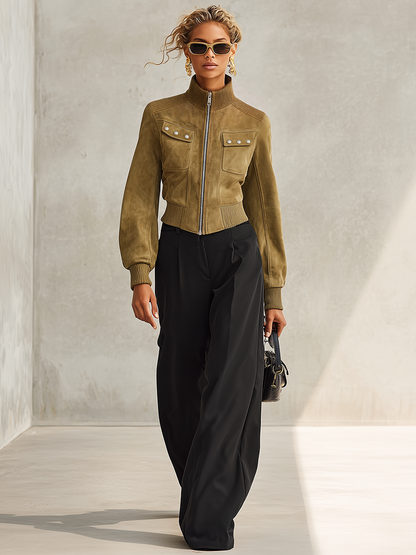 Olive Green Faux Suede Jacket With A Retro Casual And Elegant Style