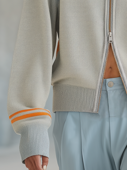 Retro-casual Elegant Orange-striped Grey Knit Jacket With A Two-way Zipper