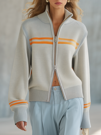 Retro-casual Elegant Orange-striped Grey Knit Jacket With A Two-way Zipper