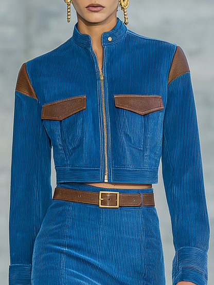 Retro-casual Elegant Blue Corduroy And PU Leather Patchwork Skirt Set