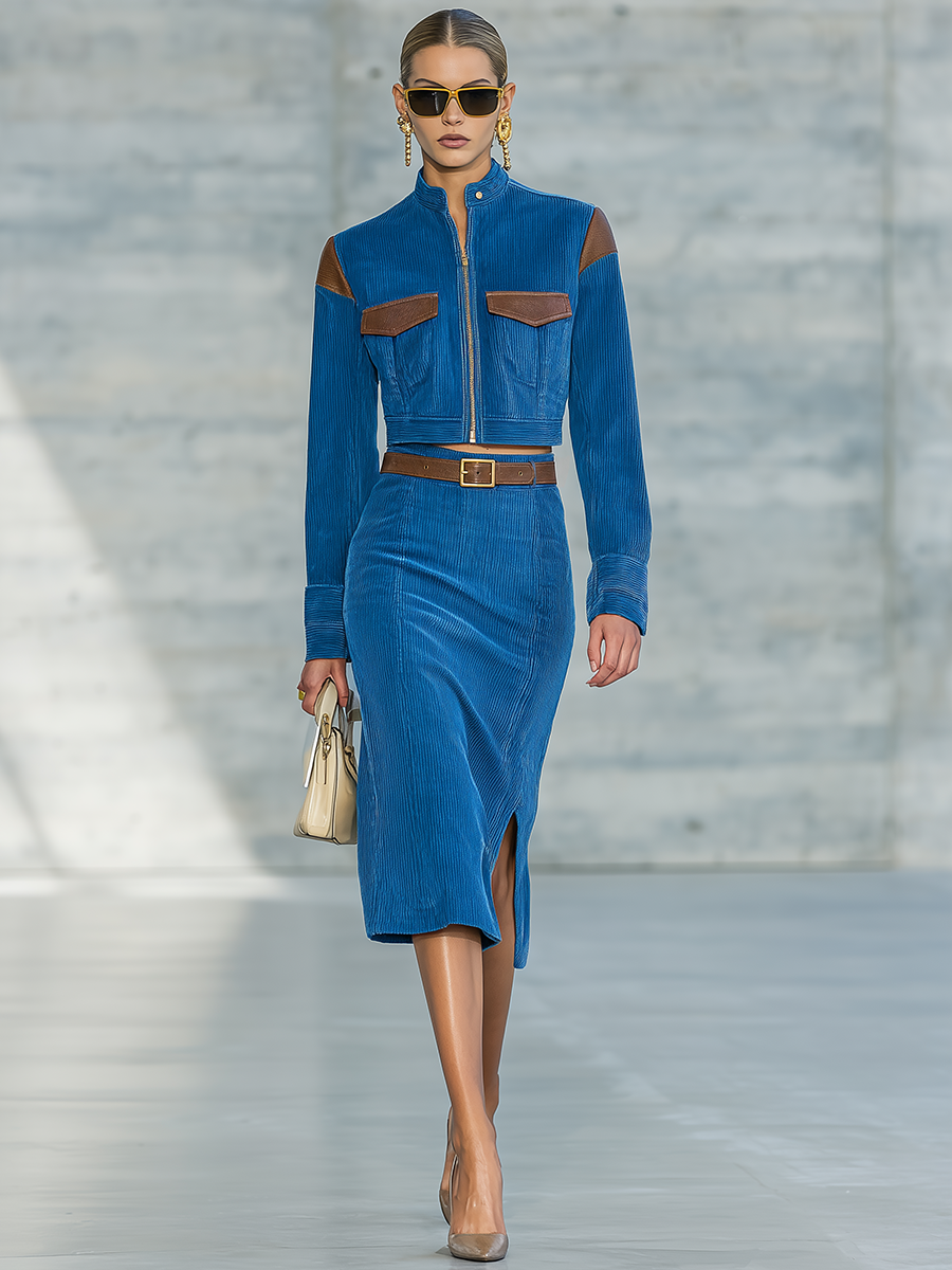 Retro-casual Elegant Blue Corduroy And PU Leather Patchwork Skirt Set