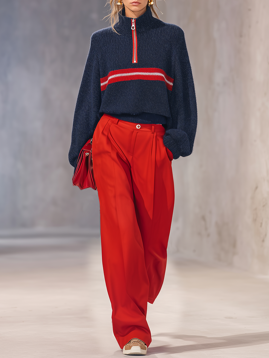 Retro-chic Color-block Knit Top And Cotton-linen Wide-leg Trousers Set