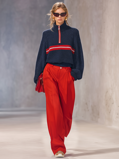 Retro-chic Color-block Knit Top And Cotton-linen Wide-leg Trousers Set