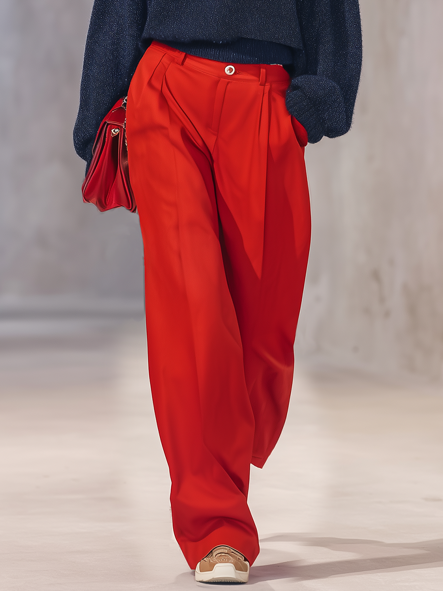 Retro-chic Color-block Knit Top And Cotton-linen Wide-leg Trousers Set