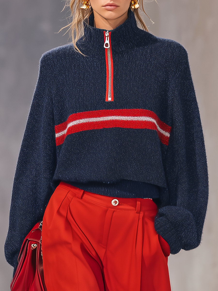 Retro-chic Color-block Knit Top And Cotton-linen Wide-leg Trousers Set