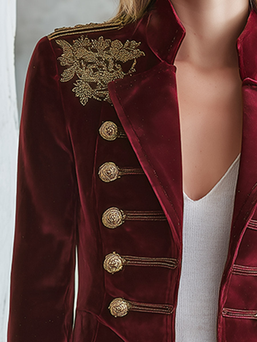 Elegant Luxurious Embroidered Burgundy Velvet Mandarin-collar Jacket