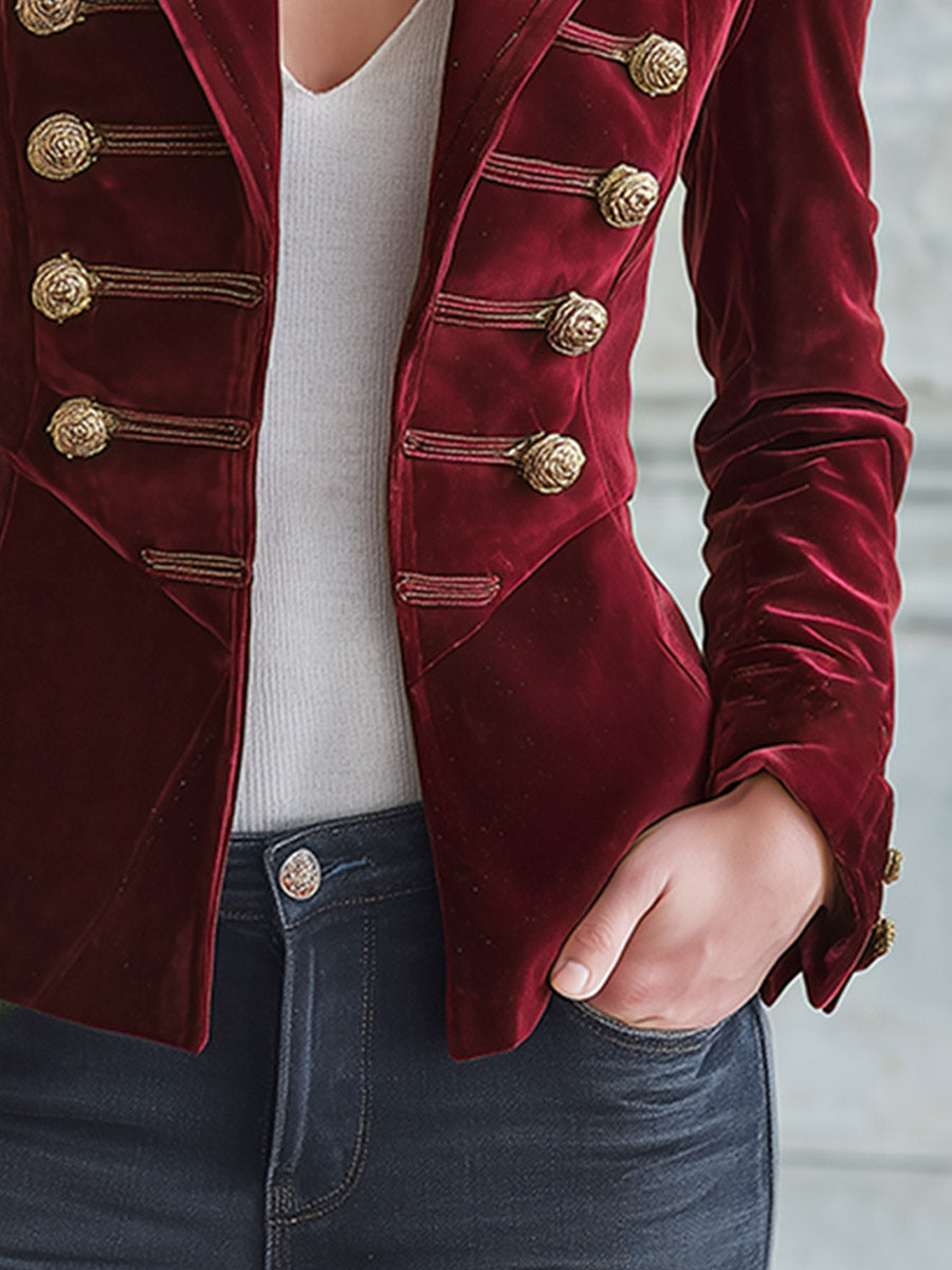 Elegant Luxurious Embroidered Burgundy Velvet Mandarin-collar Jacket