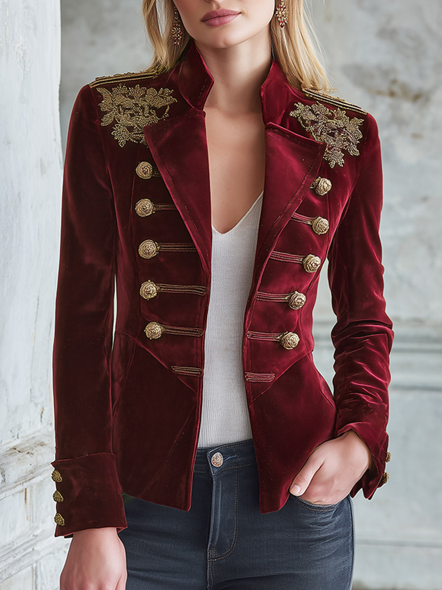 Elegant Luxurious Embroidered Burgundy Velvet Mandarin-collar Jacket