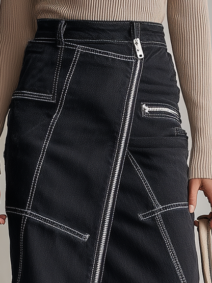 Vintage Diagonal Zip-front High-waist Slit Denim Skirt