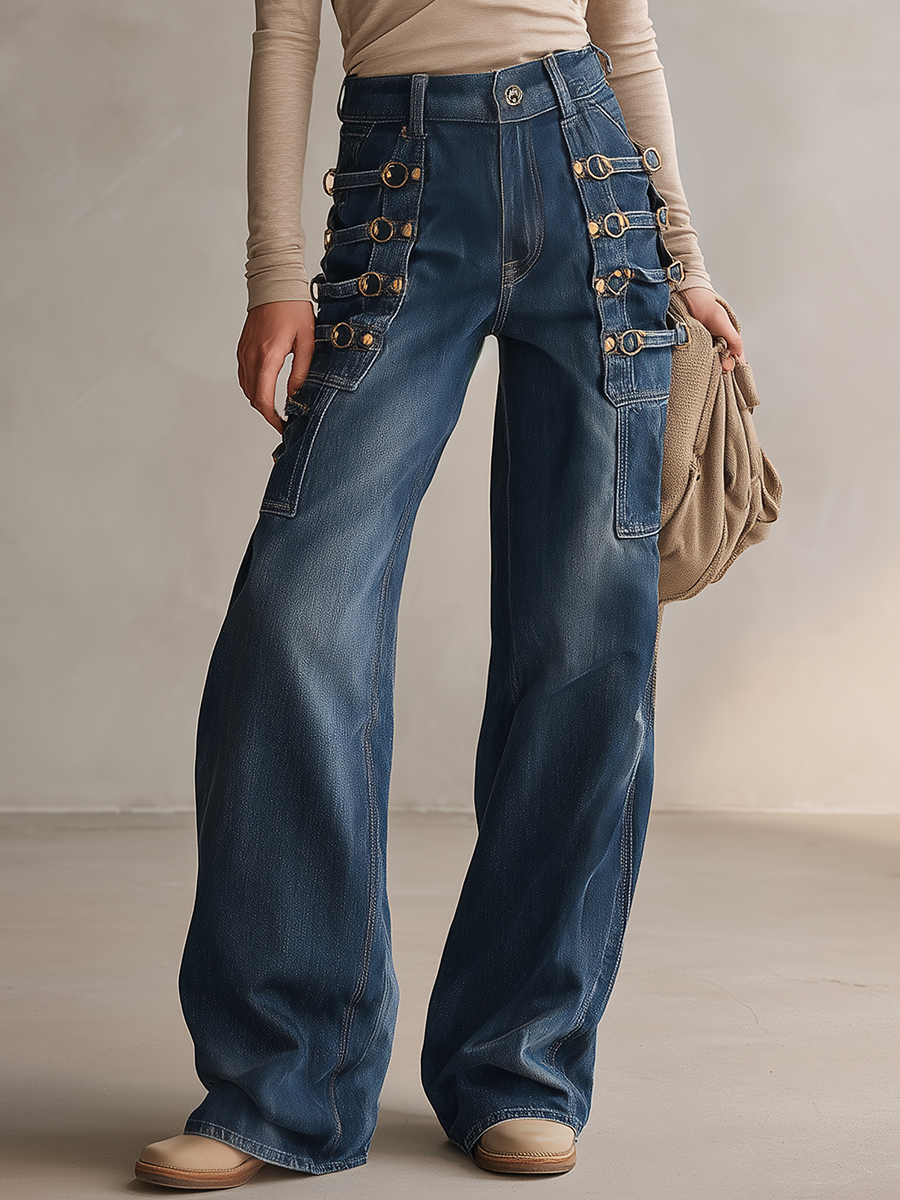 Western Cowgirl Metal-buckle Loop-detail High-waist Wide-leg Jeans
