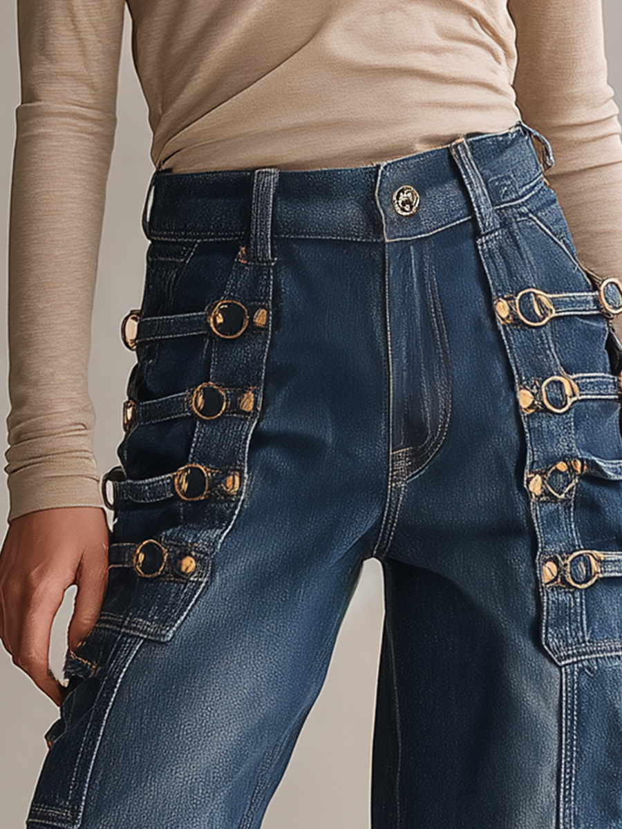Western Cowgirl Metal-buckle Loop-detail High-waist Wide-leg Jeans