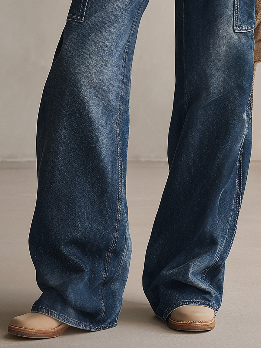 Western Cowgirl Metal-buckle Loop-detail High-waist Wide-leg Jeans