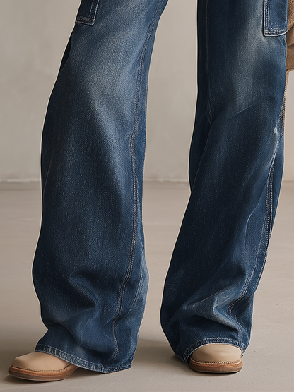 Western Cowgirl Metal-buckle Loop-detail High-waist Wide-leg Jeans