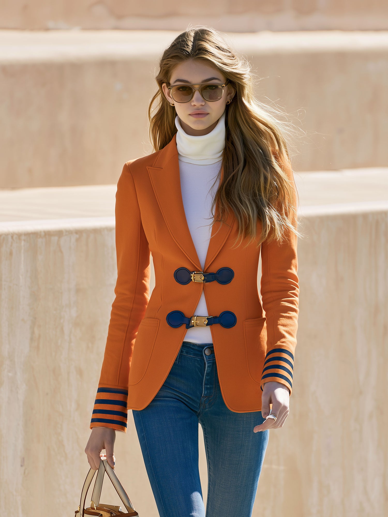 Fashionable Retro PU Buckle Webbing Orange Blazer
