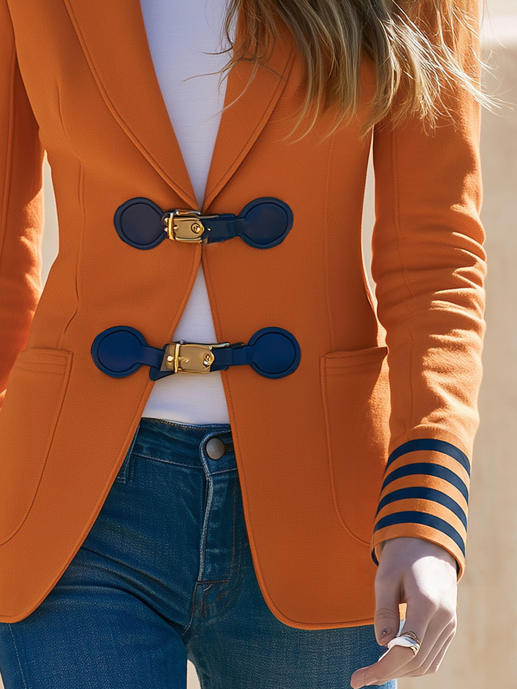Fashionable Retro PU Buckle Webbing Orange Blazer