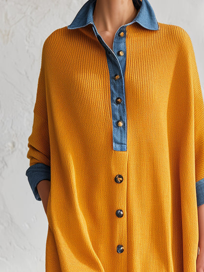 Trendy Oversized Color-block Trim Yellow Knit Midi Dress