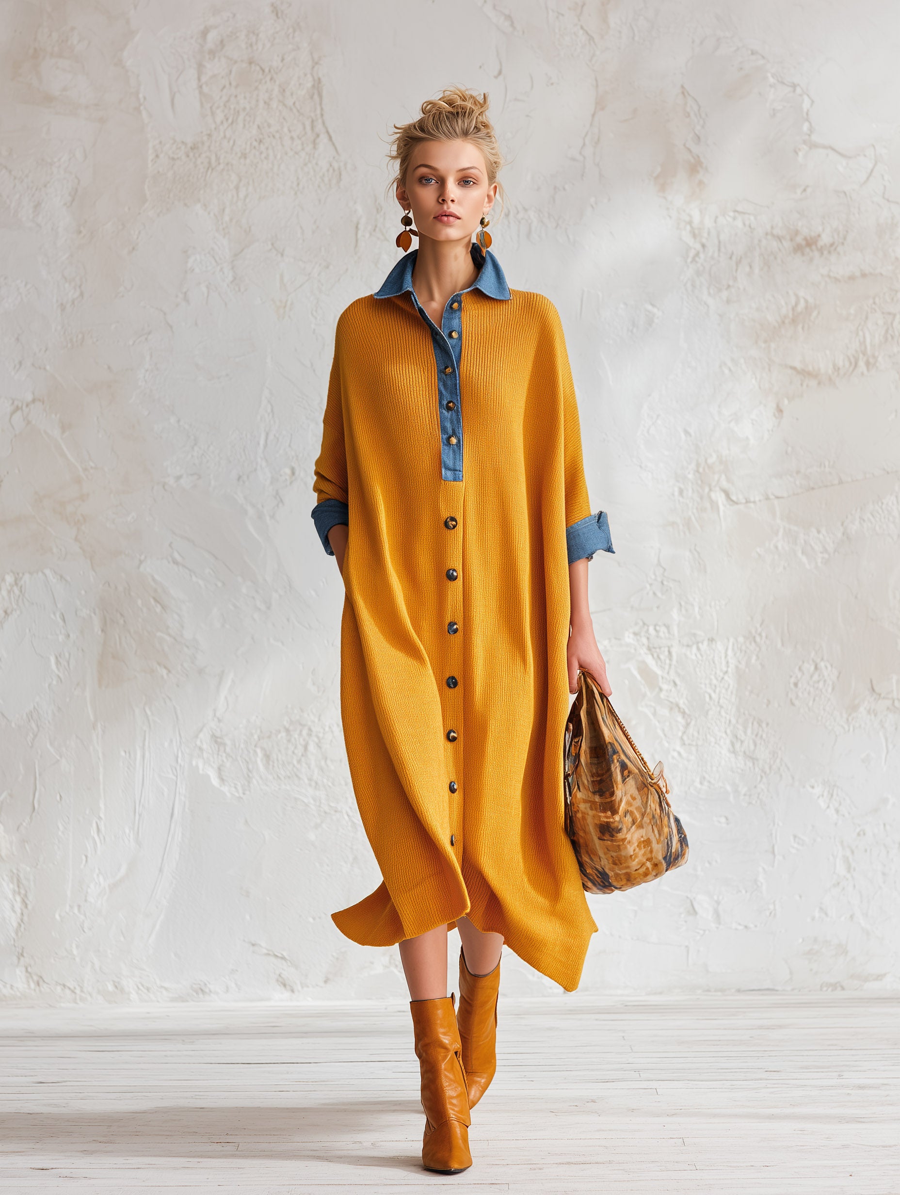 Trendy Oversized Color-block Trim Yellow Knit Midi Dress