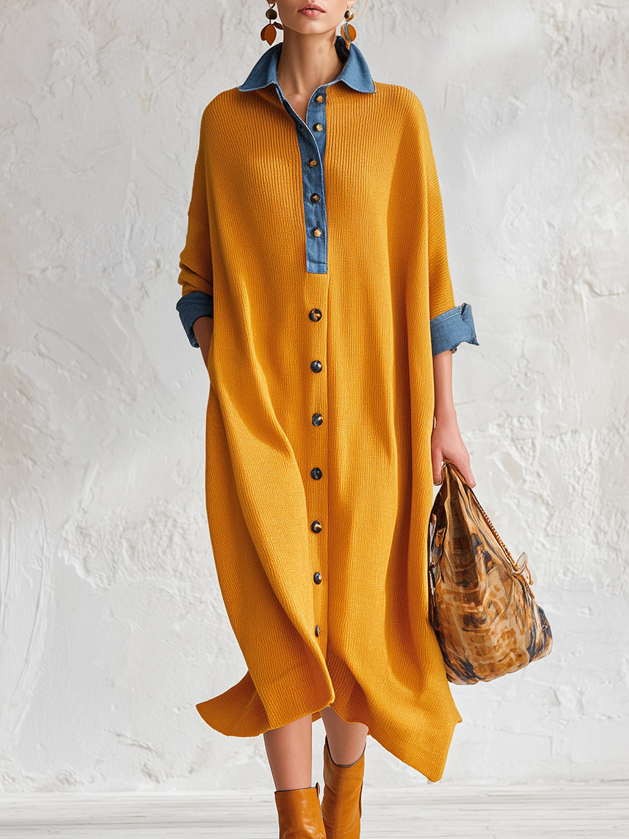 Trendy Oversized Color-block Trim Yellow Knit Midi Dress