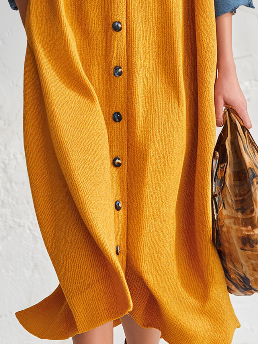 Trendy Oversized Color-block Trim Yellow Knit Midi Dress