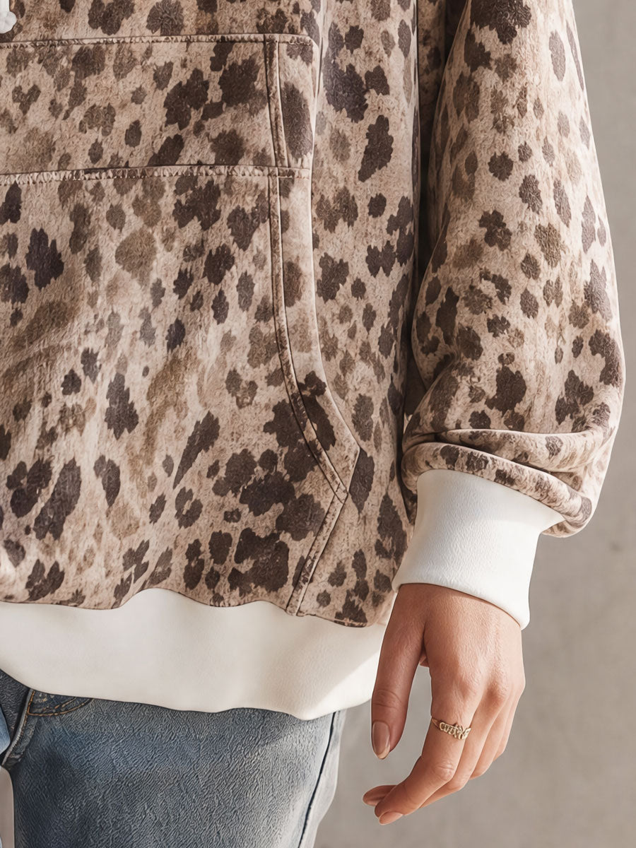 Casual Sporty Retro Hooded Leopard Print Faux Suede Sweatshirt