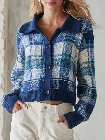 Retro-chic Blue Plaid Collared Knit Cardigan