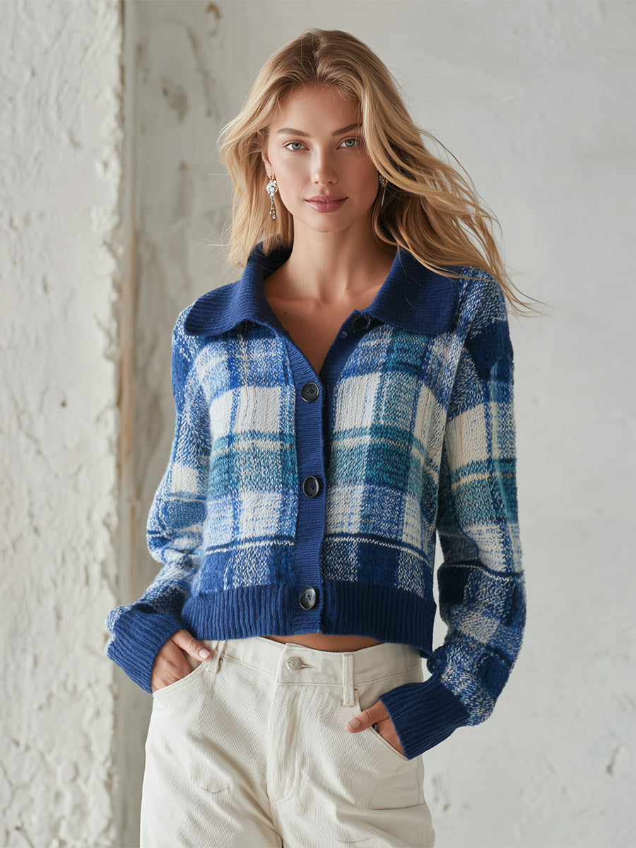 Retro-chic Blue Plaid Collared Knit Cardigan