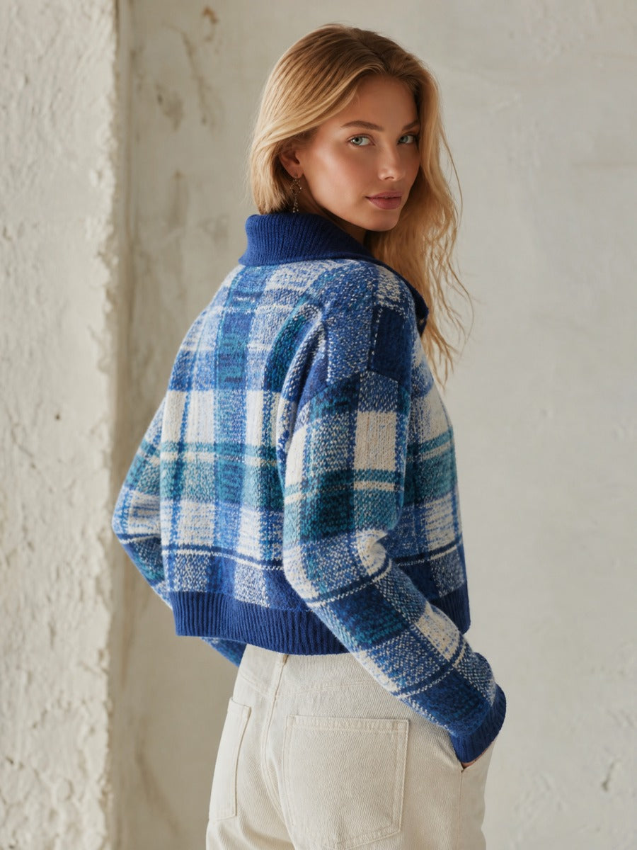Retro-chic Blue Plaid Collared Knit Cardigan